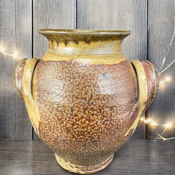 Vintage Hand Made USA Pottery Stoneware Vase Round Bottom Heavy With Handles VTG - Picture 2 of 13